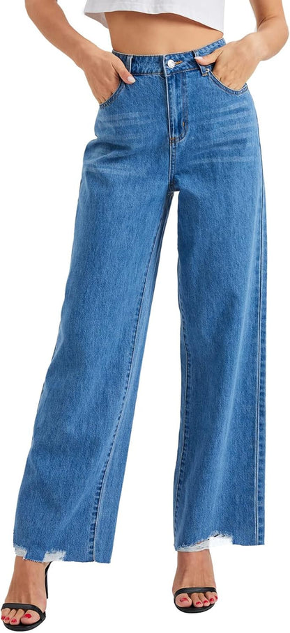 Girl'S Womens Casual Straight Leg Jeans Jeans High Waist Wide Leg Denim Boyfriend Crop Pants